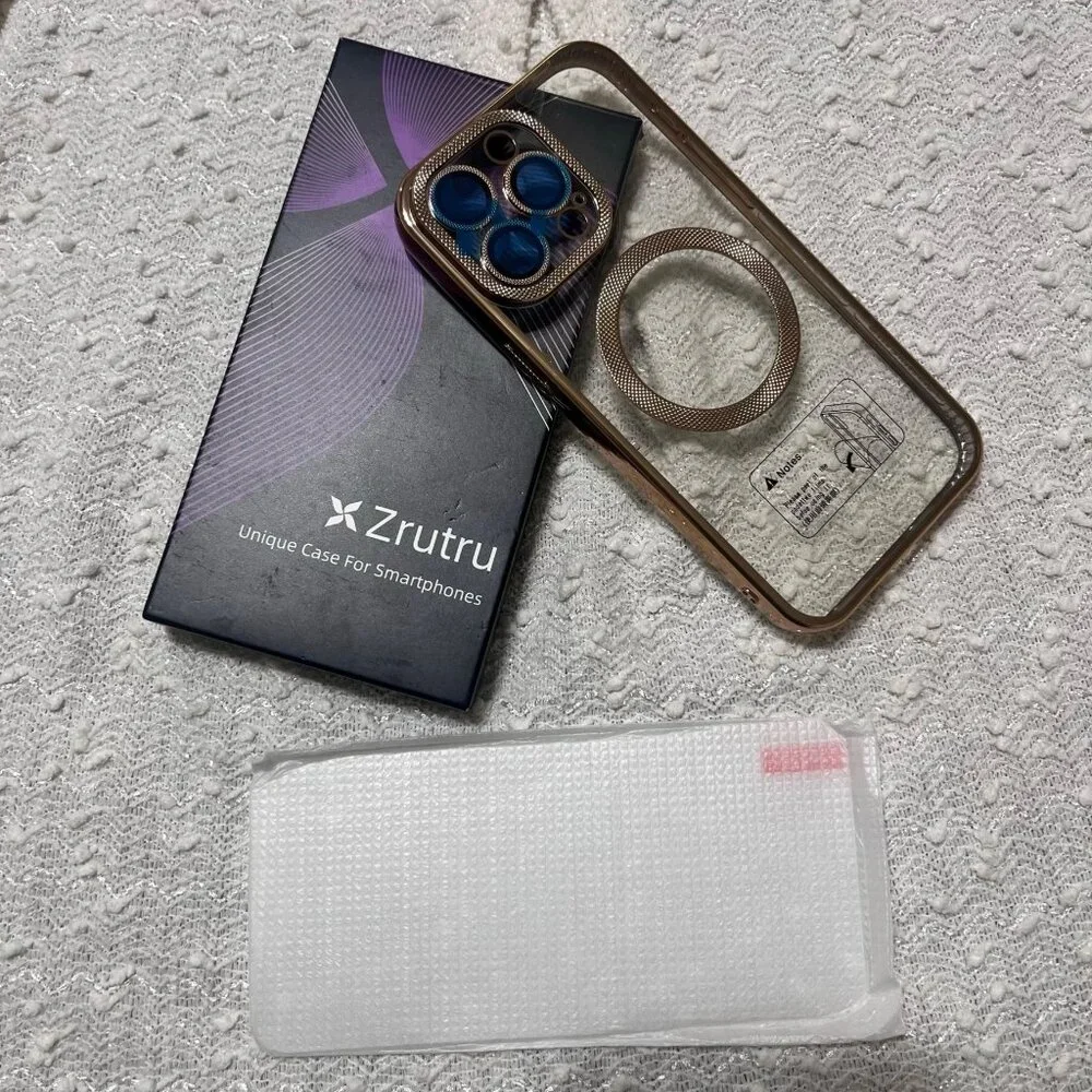 Zrutru Phone Case for IPhone 15 Pro Max Clear and Gold With Screen Protector